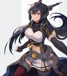 Rule 34 | 1girl, black coat, black gloves, black hair, breasts, clenched hand, closed mouth, coat, elbow gloves, gloves, hair between eyes, headgear, highres, kantai collection, kasumi (skchkko), large breasts, long coat, long hair, nagato (kancolle), nagato kai ni (kancolle), navel, open clothes, open coat, partially fingerless gloves, pleated skirt, red eyes, red thighhighs, skirt, smile, solo, thighhighs, white skirt