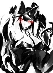 Rule 34 | 10s, 1girl, abyssal ship, arms behind back, arms up, black bow, black hair, bow, breasts, chain, choker, cleavage, colored skin, female focus, glowing, glowing eyes, gothic lolita, grin, hair bow, kantai collection, large breasts, lolita fashion, long hair, monochrome, red eyes, seaplane tender princess, simple background, smile, solo, spikes, tugmix, white skin