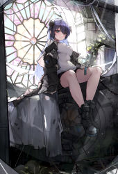 Rule 34 | 1girl, absurdres, ankle boots, arknights, backlighting, bare legs, black coat, black footwear, black shorts, blue eyes, blue hair, boots, breasts, clock, closed mouth, coat, covered navel, detached wings, full body, gloves, halo, highres, horns, indoors, large breasts, long hair, looking at viewer, mostima (arknights), off shoulder, open clothes, open coat, oreshki, revision, ruins, shirt, short shorts, shorts, sitting, smile, solo, stained glass, very long hair, white gloves, white shirt, window, wings