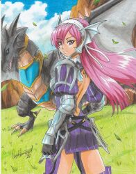 Rule 34 | 1girl, 2021, armor, armored dress, back, blue eyes, cherche (fire emblem), commission, dragon, dragon wings, dress, fire emblem, fire emblem awakening, grass, headband, highres, nintendo, open mouth, pink eyes, pink hair, ravernclouk design, thighs, traditional media, wings