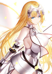 Rule 34 | 1girl, absurdres, an yasuri, armor, armored dress, blonde hair, blue eyes, blush, breasts, cleavage, covered erect nipples, cowboy shot, fate/apocrypha, fate/grand order, fate (series), faulds, gauntlets, headpiece, highres, jeanne d&#039;arc (fate), jeanne d&#039;arc (ruler) (fate), jeanne d&#039;arc (third ascension) (fate), large breasts, long hair, looking at viewer, plackart, sidelocks, smile, solo, standard bearer, very long hair