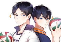 Rule 34 | 2boys, aged up, back-to-back, bad id, bad twitter id, ball, bari dal, black hair, blue eyes, closed mouth, dual persona, eyebrows, haikyuu!!, highres, holding, holding ball, jacket, kageyama tobio, looking at another, male focus, multiple boys, open clothes, open jacket, short hair, sparkle, sportswear, time paradox, track jacket, volleyball, volleyball (object), volleyball uniform, white background