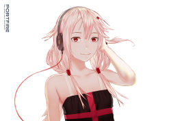 Rule 34 | 1girl, closed mouth, copyright request, dan evan, dress, hair flaps, hair ornament, hairclip, hand up, headphones, long hair, looking at viewer, low twintails, pink hair, red eyes, simple background, smile, solo, twintails, upper body, white background