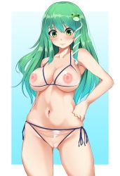 Rule 34 | 1girl, bad id, bad pixiv id, bare arms, bare shoulders, bikini, blue background, blush, border, breasts, cleft of venus, collarbone, covered erect nipples, cowboy shot, frog hair ornament, gluteal fold, gradient background, green eyes, green hair, hair between eyes, hair ornament, halterneck, hand on own hip, kochiya sanae, large breasts, long hair, looking at viewer, momendoufu, navel, outside border, pussy, see-through, side-tie bikini bottom, sidelocks, smile, snake hair ornament, solo, standing, stomach, swimsuit, thighs, touhou, uncensored, white border