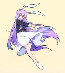 Rule 34 | 1girl, :d, animal ears, beige background, blazer, commeowdore, finger gun, full body, highres, jacket, long hair, long sleeves, looking at viewer, necktie, open mouth, outstretched arm, purple hair, rabbit ears, red eyes, reisen udongein inaba, shirt, simple background, skirt, smile, socks, solo, touhou, very long hair, white socks, yellow background