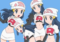 Rule 34 | 1girl, beanie, black gloves, blue background, boots, clenched hands, closed mouth, commentary request, cosplay, creatures (company), cropped jacket, dawn (pokemon), elbow gloves, eyelashes, game freak, gloves, grey eyes, hainchu, hair ornament, hairclip, hat, highres, jacket, jessie (pokemon), jessie (pokemon) (cosplay), logo, long hair, multiple views, navel, nintendo, open mouth, pokemon, pokemon (anime), pokemon dppt (anime), sidelocks, simple background, skirt, thigh boots, thighhighs, tongue, w arms, white headwear, white jacket, white skirt