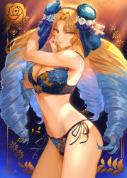 Rule 34 | 1girl, astraea (fate), bare shoulders, big hair, blonde hair, blue bra, blue hair, blue panties, blush, bra, breasts, cleavage, drill hair, fate/grand order, fate (series), flower, gradient background, gradient hair, hair flower, hair ornament, hair ribbon, hairband, highres, large breasts, long hair, looking at viewer, mashuu (neko no oyashiro), multicolored hair, navel, panties, parted bangs, quad drills, ribbon, skindentation, smile, solo, thighs, underwear, underwear only, very long hair, yellow eyes