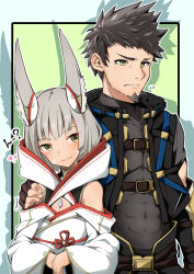 Rule 34 | 1boy, 1girl, :3, animal ears, arm around shoulder, blush, brown hair, cat ears, chest jewel, covered abs, dress, ear covers, facial hair, fingerless gloves, frown, gloves, goatee, grey hair, highena, highres, husband and wife, nia (blade) (xenoblade), nia (xenoblade), rex (xenoblade), smile, xenoblade chronicles (series), xenoblade chronicles 3, yellow eyes