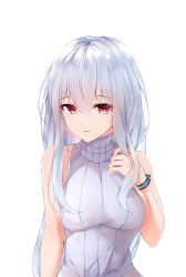 Rule 34 | 1girl, alternate costume, arknights, artist name, bad id, bad mihuashi id, bare arms, bare shoulders, bracelet, breasts, grey sweater, hair between eyes, hand up, highres, jewelry, leria v, long hair, looking at viewer, medium breasts, no headwear, parted lips, red eyes, ribbed sweater, sidelocks, signature, silver hair, simple background, skadi (arknights), sleeveless, sleeveless sweater, smile, solo, sweater, turtleneck, turtleneck sweater, upper body, white background