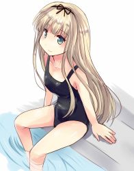 Rule 34 | 1girl, blonde hair, breasts, collarbone, commentary request, green eyes, hair between eyes, hair ribbon, hirune (konekonelkk), kantai collection, long hair, looking at viewer, ribbon, school swimsuit, simple background, sitting, small breasts, smile, solo, swimsuit, wading, water, yuudachi (kancolle)