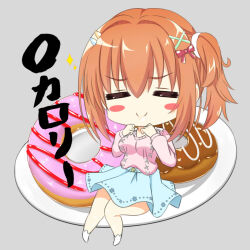 Rule 34 | &gt;:), 1girl, = =, blue skirt, blush stickers, bow, breasts, cafe stella to shinigami no chou, casual, chibi, cleavage, closed mouth, double-parted bangs, doughnut, food, grey background, hair between eyes, hair bow, hair ornament, hairclip, hirocchi, large breasts, long sleeves, medium hair, orange hair, pink shirt, plate, red bow, shirt, side ponytail, simple background, skirt, smile, smug, solo, sparkle, sumizome nozomi, v-shaped eyebrows, x hair ornament