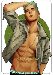 Rule 34 | 1boy, abs, alternate costume, character name, contemporary, earrings, green hair, hand on head, harryyong, highres, jewelry, male focus, muscular, one-eyed, one piece, open clothes, open shirt, roronoa zoro, scar, shirt, solo