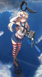 Rule 34 | 10s, 1girl, anchor, bad id, bad pixiv id, blonde hair, blue eyes, blue skirt, blush, elbow gloves, gloves, hairband, highres, kantai collection, long hair, looking at viewer, microskirt, miniskirt, navel, patterned legwear, red stripes, reflection, rensouhou-chan, rumisher, sailor collar, shimakaze (kancolle), skirt, solo, striped clothes, striped thighhighs, thighhighs, two-tone stripes, white gloves, white stripes