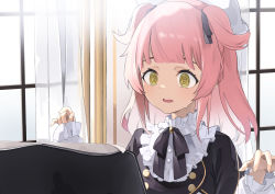Rule 34 | 1girl, @ @, absurdres, azur lane, beret, black ribbon, blunt bangs, buttons, center frills, commentary request, double-breasted, frills, hair ribbon, hat, highres, indoors, instrument, long sleeves, neck ribbon, nervous, open mouth, piano, pink hair, pompeo magno (azur lane), pompeo magno (quaver daydream) (azur lane), puffy long sleeves, puffy sleeves, ribbon, sidelocks, sitting, soar sora222, solo, sweatdrop, two side up, upper body, wavy mouth, white hat, window, yellow eyes