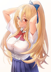 Rule 34 | 1girl, absurdres, adjusting hair, alternate costume, arms up, blonde hair, blue bow, blue skirt, bow, bowtie, breasts, closed mouth, collared shirt, commentary request, cowboy shot, dark-skinned female, dark skin, dress shirt, hair between eyes, hair bow, high ponytail, highres, hololive, large breasts, long hair, looking at viewer, multicolored hair, nisi ki no, partial commentary, pleated skirt, red bow, red bowtie, school uniform, shiranui flare, shirt, shirt tucked in, short sleeves, sidelocks, simple background, skirt, smile, solo, standing, streaked hair, very long hair, virtual youtuber, white background, white shirt