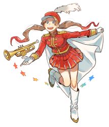 Rule 34 | 1girl, bad id, bad twitter id, band uniform, blue eyes, boots, cape, cdov34, full body, gloves, hat, instrument, knee boots, long hair, marching band, original, shako cap, simple background, skirt, smile, solo, standing, standing on one leg, star (symbol), trumpet, twintails, white background, white footwear, white gloves
