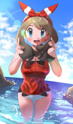 Rule 34 | 1girl, :d, blue eyes, bow hairband, breasts, brown hair, bunching hair, cleavage, cloud, creatures (company), dai (uhyoko1102151), day, eyelashes, game freak, hairband, hands up, highres, lens flare, long hair, may (pokemon), nintendo, open mouth, oppai loli, outdoors, panties, pokemon, pokemon oras, red hairband, red shirt, rock, shirt, sky, sleeveless, sleeveless shirt, smile, solo, teeth, tongue, underwear, upper teeth only, wading, water