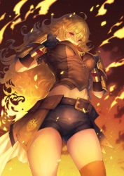 Rule 34 | 1girl, ahoge, belt, bike shorts, black gloves, blonde hair, breasts, fingerless gloves, fire, from below, gloves, hands on own chest, highres, long hair, looking at viewer, medium breasts, orange thighhighs, puffy short sleeves, puffy sleeves, red eyes, rwby, ryouku, short sleeves, single thighhigh, solo, thighhighs, vambraces, waist cape, yang xiao long