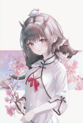 Rule 34 | 1girl, absurdres, amaroku neko, blush, bow, breasts, cat, cherry blossoms, chinese clothes, cleavage, cleavage cutout, closed mouth, clothing cutout, copyright request, flower, highres, holding, horns, kano (utaite), long sleeves, looking at viewer, red bow, short hair, small breasts, smile, utaite, virtual youtuber