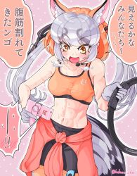 Rule 34 | !, !!, 1girl, abs, alternate costume, animal ears, bare arms, bare shoulders, bike shorts, blush, cellphone, controller, extra ears, fox ears, fox girl, fox tail, game controller, gloves, grey hair, headset, highres, holding, holding controller, holding phone, island fox (kemono friends), joy-con, kedama (ughugjydthjdf), kemono friends, kemono friends v project, long hair, looking at object, multicolored hair, navel, open mouth, orange hair, phone, ring-con, ring fit adventure, selfie, sidelocks, smartphone, smile, solo, sports bra, sportswear, stomach, sweat, tail, toned, translation request, twintails, twitter username, very long hair, virtual youtuber, yellow eyes