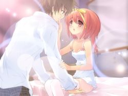 Rule 34 | 00s, 1boy, 1girl, akihime sumomo, bed, blush, bow, breasts, brown eyes, brown hair, cleavage, couple, dress, dress shirt, eye contact, game cg, glasses, hair bow, hair ribbon, hetero, imminent kiss, ito noizi, leaning forward, lens flare, looking at another, nanatsuiro drops, no bra, open mouth, pink eyes, pink hair, plaid, red hair, ribbon, shirt, short dress, short hair, sitting, small breasts, spiked hair, sundress, thighhighs, tsuwabuki masaharu, twintails, white thighhighs, zettai ryouiki