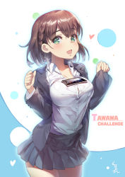 Rule 34 | 1girl, :d, absurdres, ai-chan (tawawa), braid, breasts, brown hair, cellphone, getsuyoubi no tawawa, green eyes, highres, kakiman, looking at viewer, md5 mismatch, open mouth, original, phone, pleated skirt, resolution mismatch, short hair, skirt, smartphone, smile, solo, source smaller, tawawa challenge, w arms