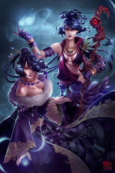 Rule 34 | 00s, 2girls, bare shoulders, black hair, bra, breasts, cleavage, crossover, dragon age, dragon age: origins, dress, feathers, final fantasy, final fantasy x, jewelry, large breasts, lips, lipstick, lulu (ff10), magic, makeup, morrigan (dragon age), multiple girls, nail polish, necklace, pale skin, pteruges, red eyes, ring, short hair, staff, swept bangs, underwear, yellow eyes