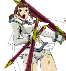 Rule 34 | &gt;:d, 00s, 1girl, :d, akane soir, angry, artist request, cowboy shot, dual wielding, holding, holding sword, holding weapon, huge weapon, looking at viewer, my-otome, open mouth, red eyes, short hair, simple background, smile, solo, standing, sword, twintails, v-shaped eyebrows, weapon, white background
