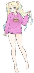Rule 34 | 1girl, animal print, arm at side, ast, bare legs, barefoot, black shorts, blonde hair, blue eyes, blue hair, breasts, closed mouth, collarbone, commentary, dog print, drawstring, flower, full body, gradient hair, hair flower, hair ornament, highres, holding, holding hair, hood, hood down, hoodie, large breasts, light blue hair, link! like! love live!, long hair, long sleeves, looking at viewer, love live!, multicolored hair, osawa rurino, parted bangs, pink hoodie, print hoodie, short shorts, shorts, simple background, sleeves past wrists, smile, solo, standing, twintails, virtual youtuber, white background, white flower