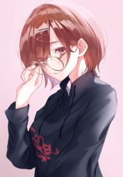 Rule 34 | 1girl, adjusting eyewear, black shirt, blunt ends, blush, cute mdr, glasses, hair ornament, hairclip, hairpin, hand up, highres, higuchi madoka, idolmaster, idolmaster shiny colors, long sleeves, looking at viewer, looking to the side, mole, mole under eye, pink background, print shirt, red hair, round eyewear, school uniform, shirt, simple background, solo, sweater, upper body, yellow-framed eyewear