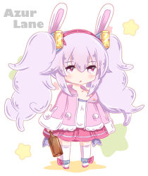 Rule 34 | 1girl, animal ears, azur lane, blush, bottle, camisole, chibi, commentary request, copyright name, full body, hair between eyes, hair ornament, hairband, holding, holding bottle, hotaruru, jacket, laffey (azur lane), long hair, long sleeves, looking at viewer, parted lips, pink jacket, pleated skirt, purple eyes, purple hair, rabbit ears, red hairband, red skirt, skirt, sleeves past wrists, solo, standing, star (symbol), starry background, strap slip, thighhighs, transparent, twintails, very long hair, white background, white camisole, white thighhighs, wide sleeves