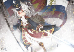 Rule 34 | 1girl, animal ears, artist name, bag, belt, boots, coat, commentary request, coreytaiyo, d:, dated, electricity, fighting stance, flag, hat, heterochromia, highres, holding, holding flag, holding sword, holding weapon, long sleeves, military, military hat, military uniform, open mouth, original, pants, red eyes, russian flag, scabbard, sheath, sheathed, short hair, signature, silver hair, snow, snowing, standing, sword, tail, uniform, unsheathed, weapon, wind, yellow eyes