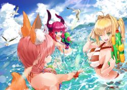 Rule 34 | 3girls, alternate costume, animal ear fluff, animal ears, arched back, bad id, bad pixiv id, bare shoulders, bead bracelet, beads, bikini, blue bikini, blue eyes, blue sky, bracelet, breasts, butt crack, closed eyes, cloud, cloudy sky, criss-cross halter, day, dutch angle, earrings, elizabeth bathory (fate), elizabeth bathory (fate/extra ccc), fate/grand order, fate (series), fox ears, fox tail, from behind, green eyes, hair between eyes, hair intakes, halterneck, highres, horns, island, jewelry, large breasts, light particles, light rays, long hair, looking at another, midriff, multiple girls, nero claudius (fate), nero claudius (fate) (all), nero claudius (swimsuit caster) (fate), ocean, official alternate costume, one eye closed, open mouth, partially submerged, pink hair, red bikini, red hair, side-tie bikini bottom, sky, small breasts, splashing, striped bikini, striped clothes, swimsuit, tail, tamamo (fate), tamamo no mae (fate/extra), tamamo no mae (swimsuit lancer) (fate), twintails, utayoi (umakatare), very long hair, water gun, wet, wet clothes