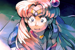 Rule 34 | 1girl, bishoujo senshi sailor moon, collarbone, commentary, derivative work, english commentary, eyelashes, face, furrowed brow, heart, lady kuki, meme, purple eyes, sailor moon, sailor moon redraw challenge (meme), solo, sweat, twintails