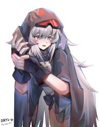 Rule 34 | 1girl, absurdres, arknights, black cape, black gloves, blue eyes, blush, cape, commentary request, dated, feathered wings, feathers, fingerless gloves, gaoling gangqin, gloves, goggles, goggles on head, head wings, highres, holding, holding phone, hood, hood up, hooded cape, long hair, mulberry (arknights), open mouth, phone, solo, very long hair, white feathers, white hair, white wings, wings