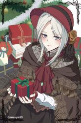 1girl bloodborne blue_eyes blush box brown_cloak christmas_tree christmas_tree_ornament cloak dress fingerless_gloves flower gift gift_box gloves grey_dress hat hat_flower highres holding holding_gift looking_at_viewer mature_female plain_doll red_gloves red_hat red_lips red_ribbon ribbon signature solo susukeya white_hair white_sleeves