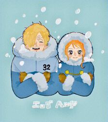 Rule 34 | 1boy, 1girl, blonde hair, blue background, blue coat, blush, closed mouth, coat, commentary, curly eyebrows, facial hair, gloves, goatee, hair over one eye, heart, highres, hood, hooded coat, long hair, mustache stubble, nami (one piece), one piece, orange hair, sanji (one piece), short hair, sidelocks, smile, smoke heart, snow, stubble, upper body, yuu (q u u p)