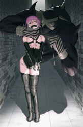 Rule 34 | 1boy, 1other, alley, androgynous, ankle cuffs, ball gag, bare shoulders, bdsm, black corset, black footwear, black gloves, blue eyes, blunt bangs, bondage, boots, bound, bound ankles, brick wall, chain, chained, chest harness, commission, contrapposto, corset, crona (soul eater), cuffs, dot nose, elbow gloves, empty eyes, facing viewer, full body, furrowed brow, gag, gagged, gloves, grabbing another&#039;s chin, grazelz, grey background, hair between eyes, hand on another&#039;s chin, handcuffs, harness, head tilt, high heel boots, high heels, highleg, highleg leotard, highres, holding, holding leash, leash, legs together, leotard, lips, looking at another, male focus, muscular, muscular male, nipples, pink hair, ragnarok (demon sword), restrained, shadow, short hair, skindentation, soul eater, standing, stone wall, thigh boots, tile floor, tiles, vanishing point, wall, white gloves