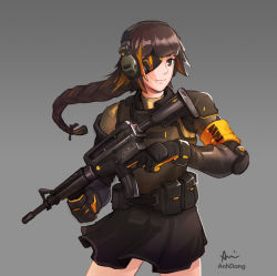 Rule 34 | 1girl, anh dang, assault rifle, belt pouch, black gloves, black skirt, braid, brown eyes, brown hair, bulletproof vest, character request, closed mouth, commentary, cowboy shot, english commentary, eyepatch, floating hair, girls&#039; frontline, gloves, grey background, gun, holding, holding gun, holding weapon, long hair, miniskirt, mole, mole under eye, multicolored hair, one eye covered, orange hair, pouch, rifle, simple background, single braid, skirt, smile, solo, streaked hair, trigger discipline, weapon, weapon request