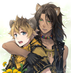 Rule 34 | 2boys, animal ear fluff, animal ears, arm around shoulder, artist name, bandana, black gloves, black hair, black jacket, blonde hair, blue eyes, braid, brown shirt, collarbone, commentary request, dandelion, dark-skinned male, dark skin, fangs, flower, gloves, gold necklace, green background, green eyes, hair between eyes, highres, jacket, jewelry, lapels, leona kingscholar, lion ears, long hair, male focus, multicolored hair, multiple boys, nagiayase, necklace, open clothes, open jacket, open mouth, orange bandana, parted bangs, red hair, ruggie bucchi, scar, scar across eye, shirt, short hair, short sleeves, side braids, sidelocks, simple background, sleeveless, sleeveless jacket, sleeveless shirt, streaked hair, teeth, tongue, tooth necklace, twin braids, twisted wonderland, upper body, upper teeth only, white background, yellow flower, zipper, zipper pull tab