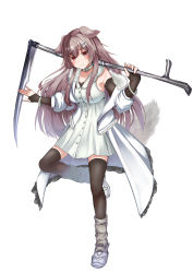 Rule 34 | 1girl, absurdres, animal ears, blush, bone hair ornament, breasts, brown hair, collar, collarbone, dog ears, dog girl, dog tail, dress, elbow gloves, fingerless gloves, fur-trimmed jacket, fur trim, gloves, hair between eyes, hair ornament, highres, holding, holding scythe, hololive, inugami korone, inugami korone (1st costume), jacket, large breasts, leg up, long hair, looking at viewer, micon, open clothes, open jacket, red eyes, scythe, sidelocks, simple background, sleeveless, sleeveless dress, smile, solo, tail, thighhighs, virtual youtuber, white background, white collar, white dress, white jacket, zettai ryouiki