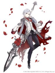 Rule 34 | 1girl, absurdres, coat, crossdressing, epaulettes, flower, formal, fringe trim, full body, grey eyes, highres, holding, holding polearm, holding spear, holding weapon, jacket, jacket over shoulder, unworn jacket, ji no, looking at viewer, necktie, official art, pants, petals, polearm, reverse trap, rose, shirt, short hair, silver hair, silver trim, sinoalice, snow white (sinoalice), solo, spear, square enix, suit, torn clothes, very short hair, vest, weapon, white background