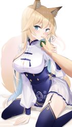 Rule 34 | 1girl, absurdres, amagami kon, animal ear fluff, animal ears, arm support, blonde hair, blouse, blue eyes, blush, breasts, broccoli, buttons, commentary, conconcon1031, corset, double-breasted, finger in another&#039;s mouth, fox ears, fox girl, fox tail, garter straps, highres, large breasts, long hair, long sleeves, looking at viewer, mole, mole under eye, original, pelvic curtain, shirt, simple background, sitting, skirt, solo, tail, thighhighs, very long hair, wariza, white background, white shirt, white skirt, zettai ryouiki