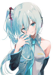 Rule 34 | 1girl, :p, aqua eyes, aqua hair, aqua necktie, breasts, collar, commentary, derivative work, detached sleeves, grey shirt, hair between eyes, hatsune miku, hatsune miku (noodle stopper), highres, long hair, looking at viewer, meme, miyasaka miyabi, necktie, photo-referenced, ponytail, shirt, sidetail miku noodle stopper (meme), simple background, sleeveless, sleeveless shirt, small breasts, tongue, tongue out, vocaloid, white background, white collar