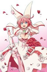 Rule 34 | 1girl, ahoge, arc system works, asahi minoru, blue eyes, blush, bow, breasts, bridal veil, bullet, cleavage, clover, dress, elphelt valentine, four-leaf clover, gloves, guilty gear, guilty gear xrd, gun, large breasts, long sleeves, looking at viewer, ms. confille, open mouth, pink hair, rabbit ears, revolver rifle, ribbon, rifle, shiny skin, short hair, smile, sniper rifle, solo, thighhighs, veil, weapon, wedding dress, white dress