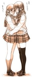 Rule 34 | 2girls, beige, black hair, blush, braid, commentary request, full body, glasses, hand on another&#039;s hip, highres, hiyohiyo, kneehighs, loafers, long hair, long sleeves, miniskirt, monochrome, multiple girls, plaid, plaid scarf, plaid skirt, pleated skirt, scarf, school uniform, shared clothes, shared scarf, shoes, short hair, simple background, skirt, socks, standing, striped clothes, striped legwear, striped socks, sweater vest, thighhighs, translation request, vertical-striped clothes, vertical-striped legwear, vertical-striped socks, white background, winter clothes, winter uniform, yuri, zettai ryouiki