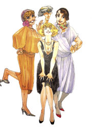 1920s_(style) 1girl 2boys black_dress breasts cleavage crossdressing dress full_body hat high_heels marilyn_monroe multiple_boys orange_shirt orange_skirt pantyhose shirt skirt some_like_it_hot trap white_background white_dress wrap_dress yeah_moto_it