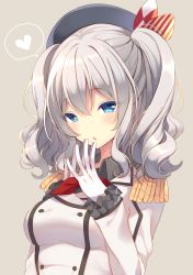 Rule 34 | 10s, 1girl, blue eyes, breasts, epaulettes, female focus, gloves, hat, heart, highres, kantai collection, kashima (kancolle), large breasts, military, military uniform, open mouth, silver hair, solo, twintails, uniform, yuita (yuita17)