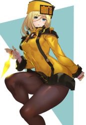 Rule 34 | 1girl, alternate hair length, alternate hairstyle, ashiomi masato, blonde hair, blue eyes, brown pantyhose, coat, commentary request, fingerless gloves, gloves, guilty gear, guilty gear xrd, hat, kunai, long sleeves, millia rage, pantyhose, short hair, solo, weapon, white gloves, yellow coat, yellow hat
