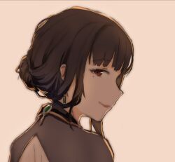 1girl 2fw16 black_hair brown_eyes brown_hair closed_mouth dress earrings from_behind highres jewelry looking_at_viewer looking_back mole mole_under_eye red_eyes simple_background smile solo warship_girls_r white_background yat_sen_(warship_girls_r)